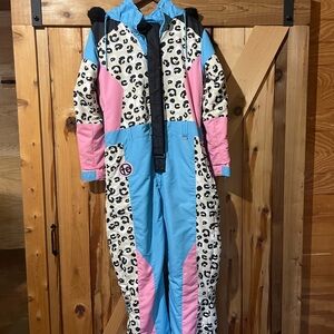 Tipsy Elves ski snow zip jumpsuit in Leopard Print Blue and Pink Snowsuit